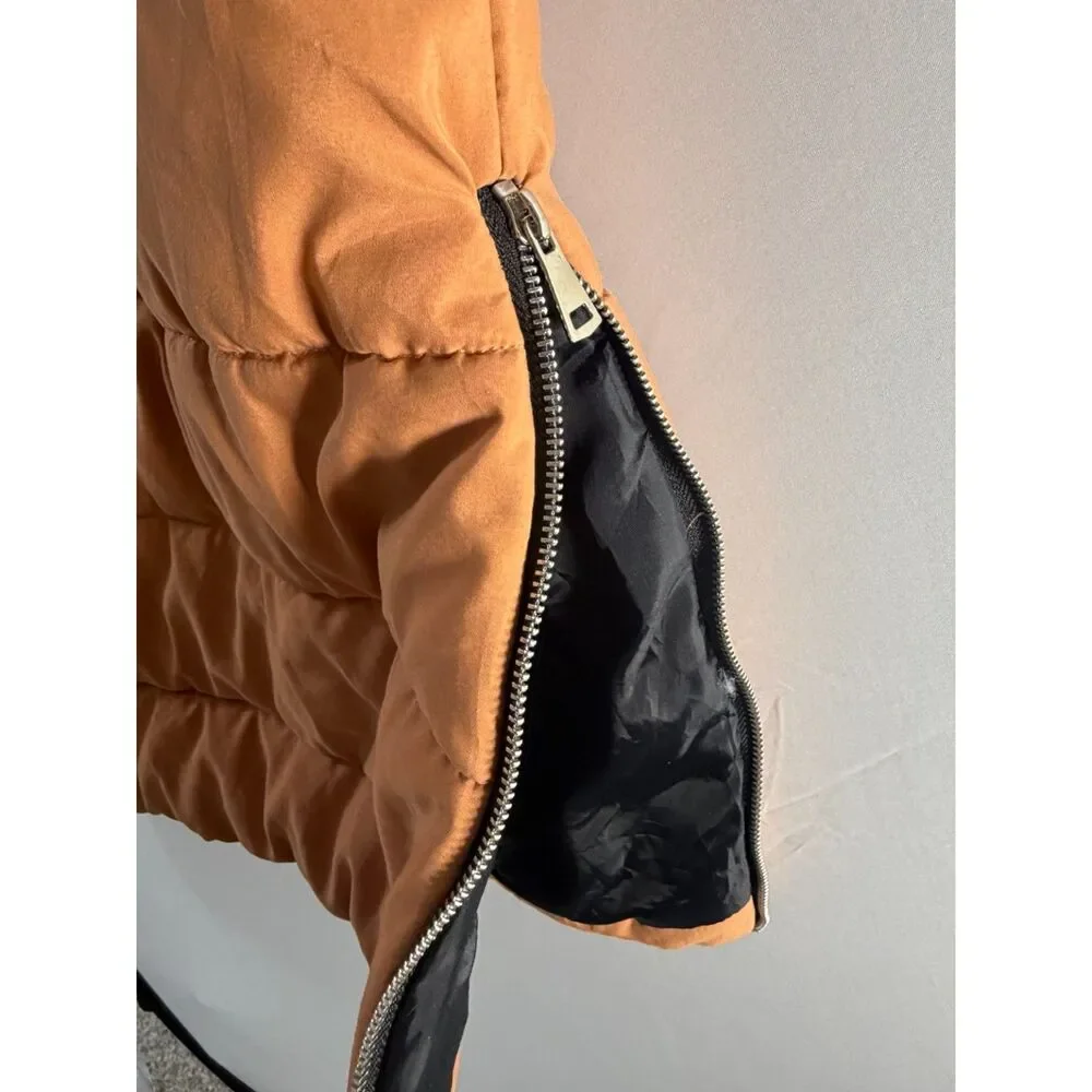 Vivichi Boutique Women’s XS Camel Brown Long Puffer Vest Hooded Side Zip